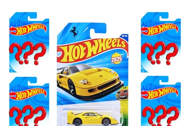 HOTWHEELS_FERRARI_F40_YELLOW_+_1_RANDOM_MAINLINE_+_3_RANDOM_FANTASY_CAR_COMBO