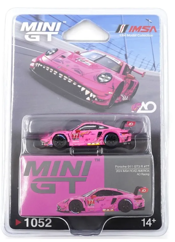 MINI_GT_1:64_Porsche_911_GT3_R_#77_AO_Racing_2024_IMSA_Road_America_PINK_MGT_1052