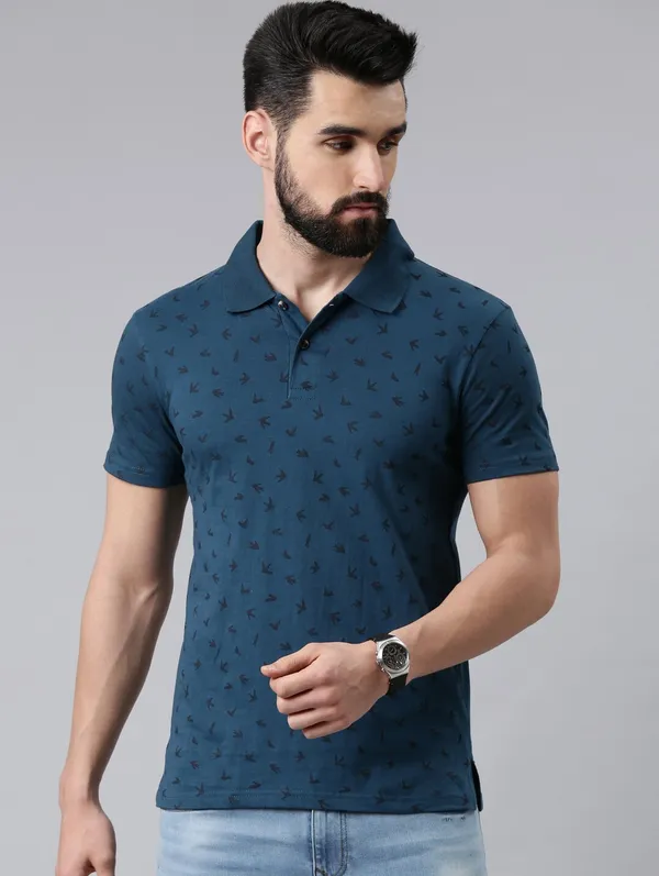 Blue_Printed_Polo_Neck_T-Shirt_For_Men