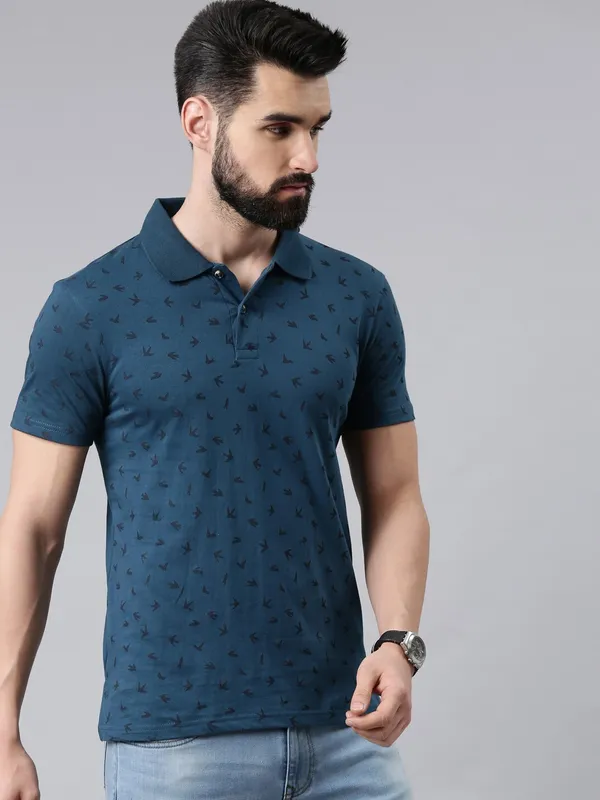 Blue_Printed_Polo_Neck_T-Shirt_For_Men