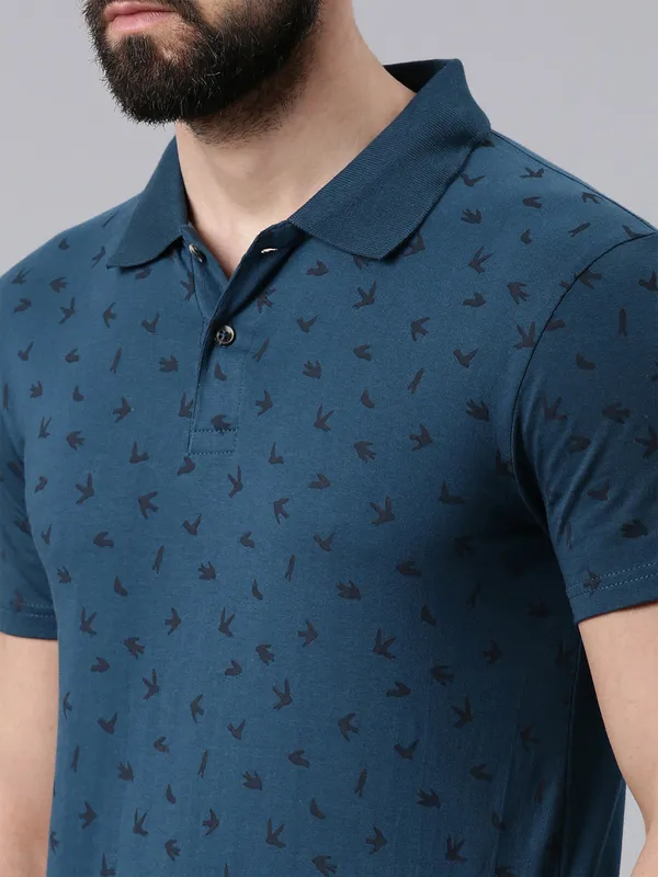 Blue_Printed_Polo_Neck_T-Shirt_For_Men