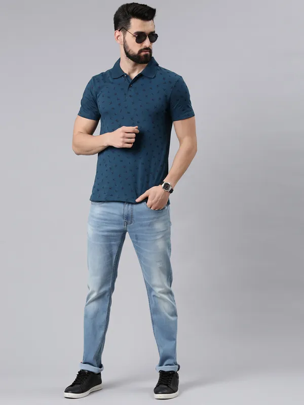 Blue_Printed_Polo_Neck_T-Shirt_For_Men
