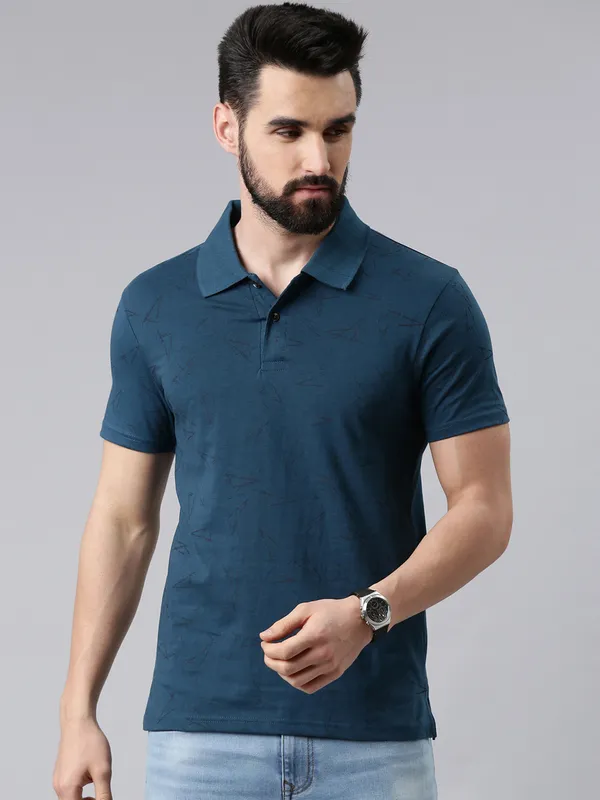 Blue_Printed_Polo_Neck_T-Shirt_For_Men