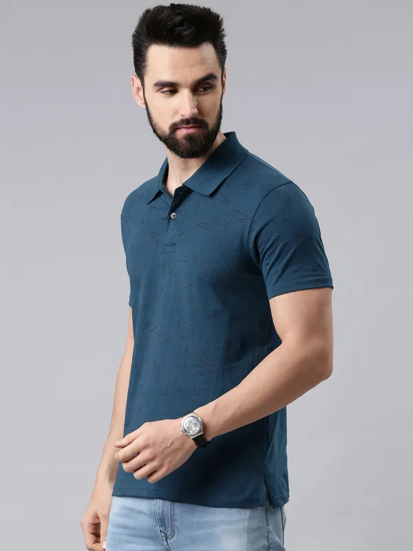 Blue_Printed_Polo_Neck_T-Shirt_For_Men