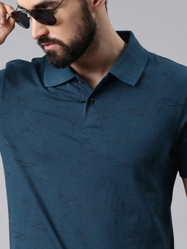 Blue_Printed_Polo_Neck_T-Shirt_For_Men