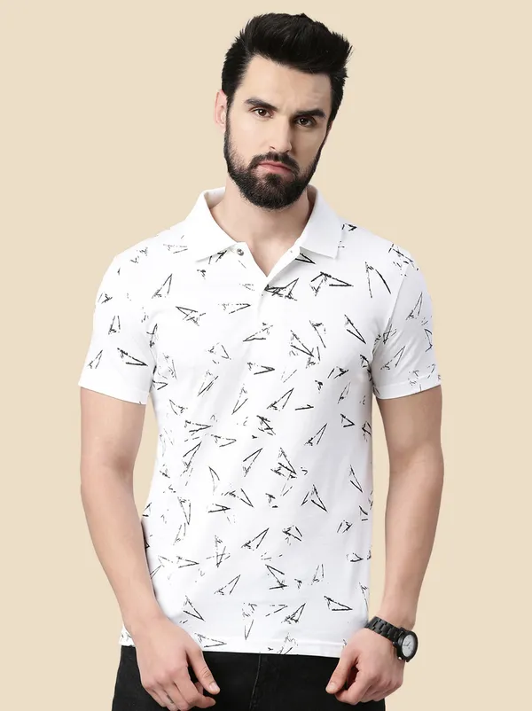Blue_Printed_Polo_Neck_White_T-Shirt_For_Men