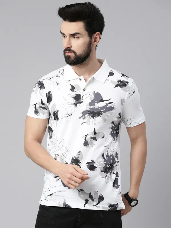 White_Polo_Neck_Printed_Pure_Cotton_Tshirt_For_Men