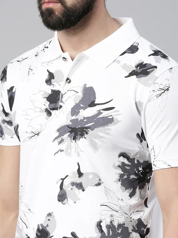 White_Polo_Neck_Printed_Pure_Cotton_Tshirt_For_Men