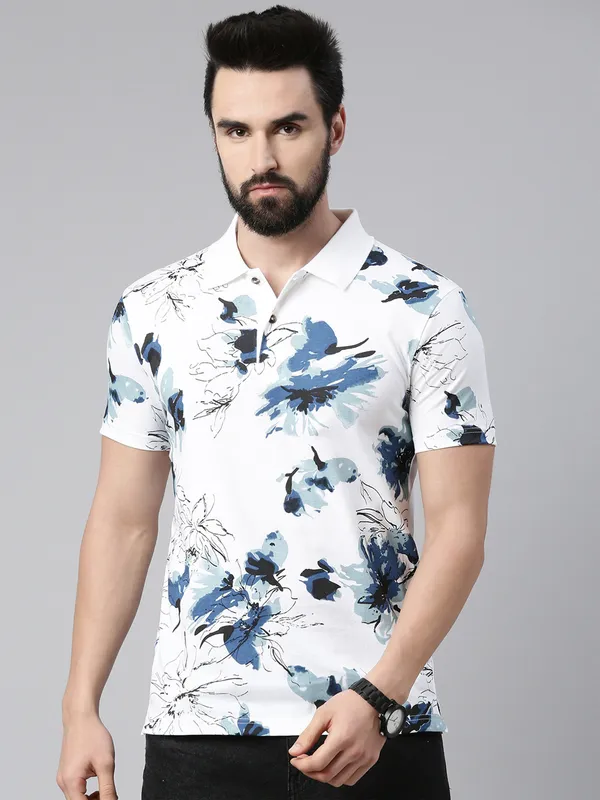 White_Polo_Neck_Printed_Pure_Cotton_Tshirt_For_Men