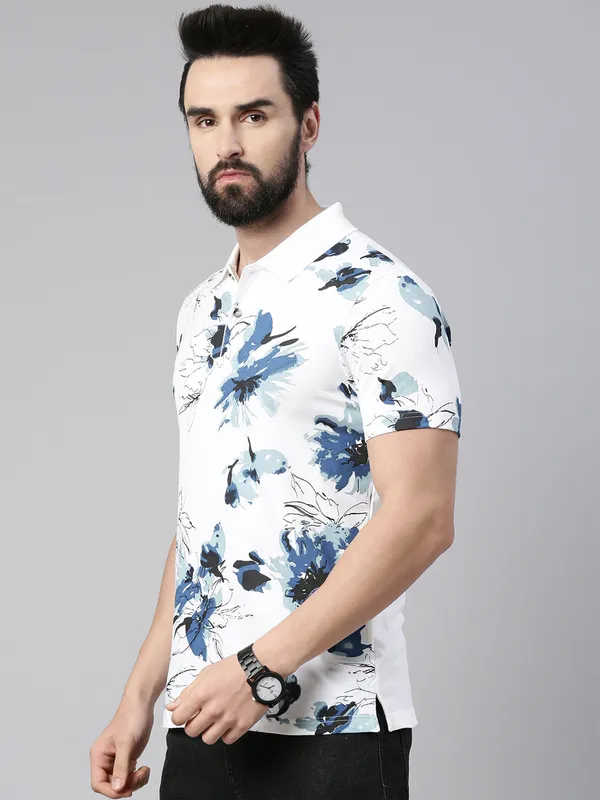 White_Polo_Neck_Printed_Pure_Cotton_Tshirt_For_Men