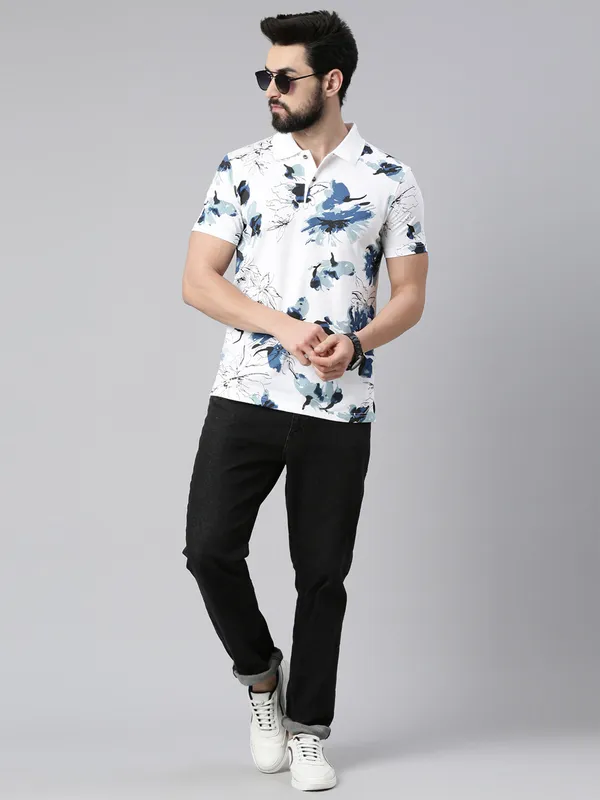 White_Polo_Neck_Printed_Pure_Cotton_Tshirt_For_Men
