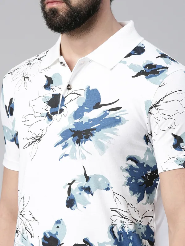 White_Polo_Neck_Printed_Pure_Cotton_Tshirt_For_Men