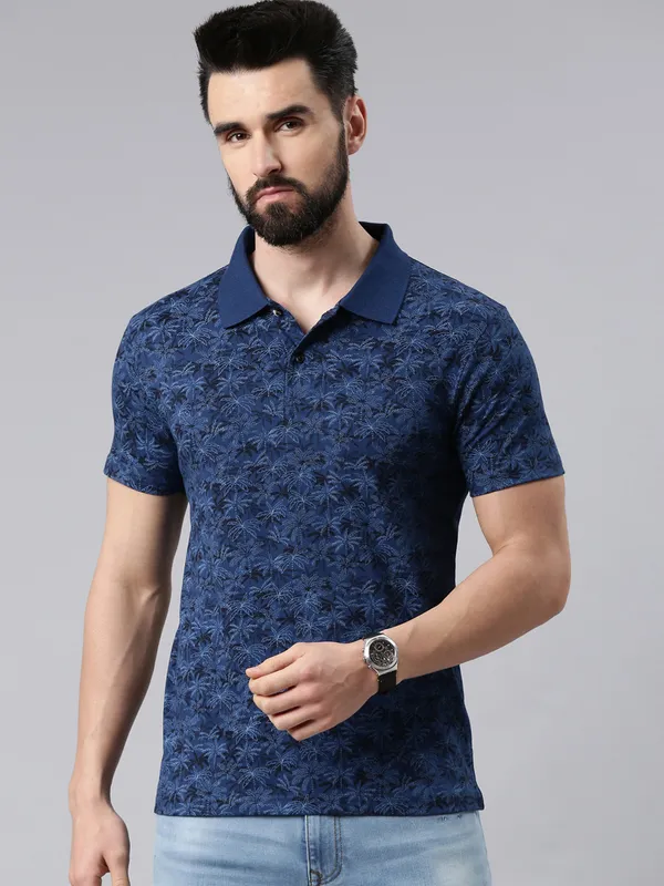 Blue_Polo_Neck_Printed_Pure_Cotton_Tshirt_For_Men