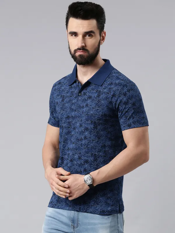 Blue_Polo_Neck_Printed_Pure_Cotton_Tshirt_For_Men
