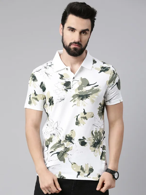 White_Polo_Neck_Printed_Pure_Cotton_Tshirt_For_Men