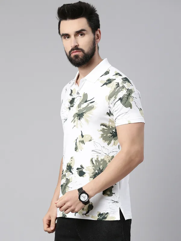 White_Polo_Neck_Printed_Pure_Cotton_Tshirt_For_Men