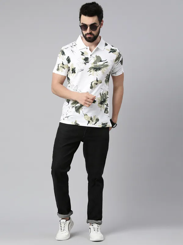 White_Polo_Neck_Printed_Pure_Cotton_Tshirt_For_Men