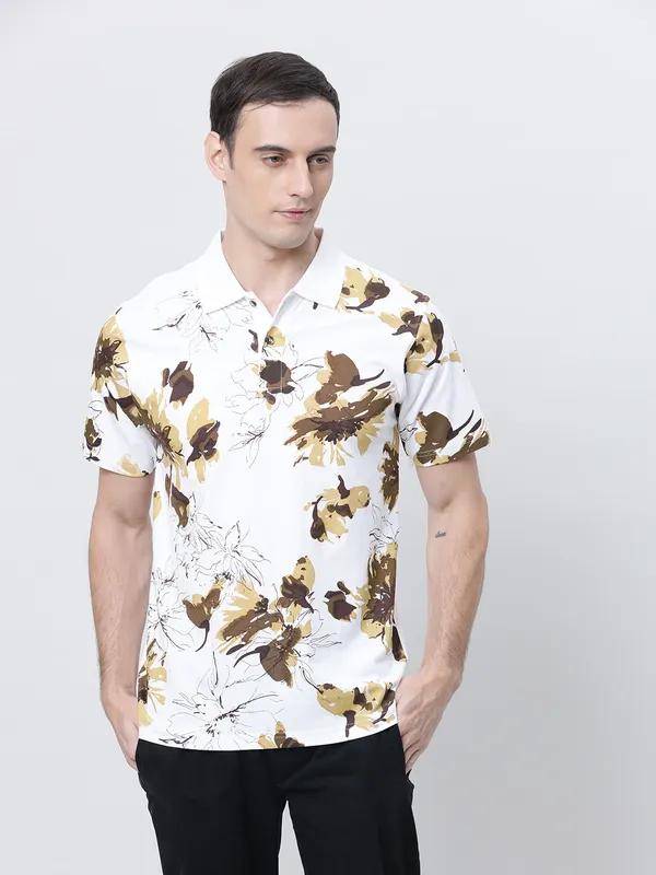 White_Polo_Neck_Printed_Pure_Cotton_Tshirt_For_Men