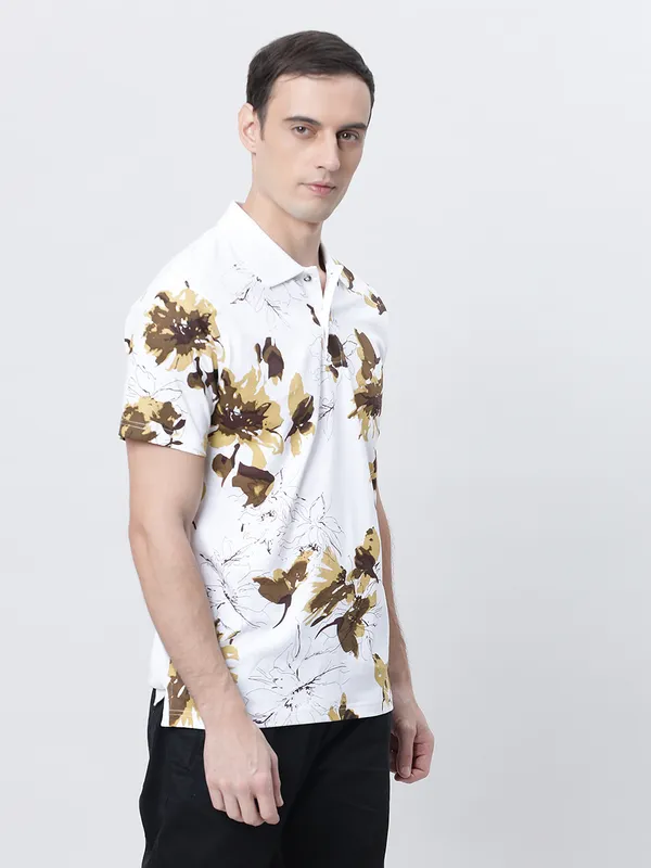 White_Polo_Neck_Printed_Pure_Cotton_Tshirt_For_Men