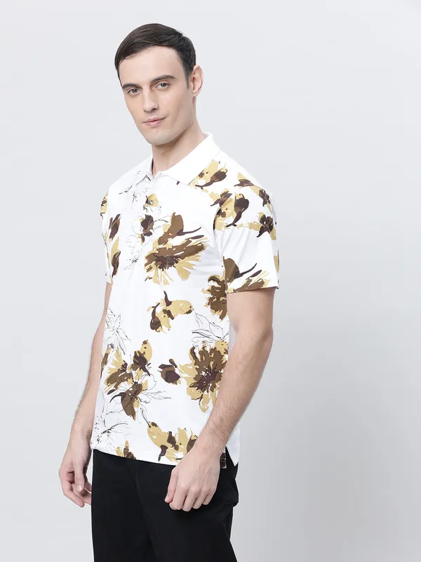 White_Polo_Neck_Printed_Pure_Cotton_Tshirt_For_Men