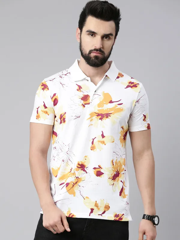 White_Polo_Neck_Printed_Pure_Cotton_Tshirt_For_Men