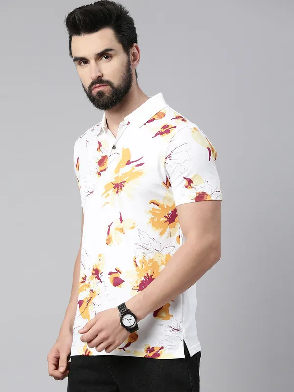 White_Polo_Neck_Printed_Pure_Cotton_Tshirt_For_Men