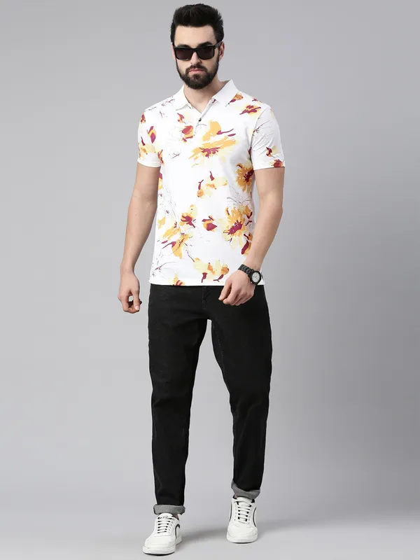 White_Polo_Neck_Printed_Pure_Cotton_Tshirt_For_Men
