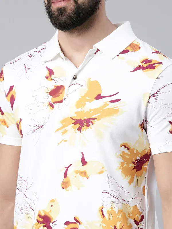 White_Polo_Neck_Printed_Pure_Cotton_Tshirt_For_Men