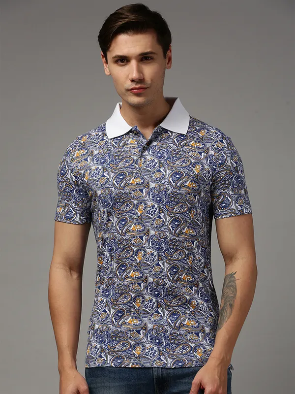 White_Polo_Neck_Printed_Pure_Cotton_Tshirt_For_Men