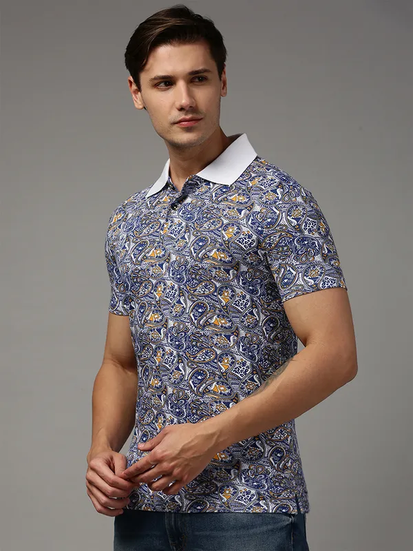 White_Polo_Neck_Printed_Pure_Cotton_Tshirt_For_Men