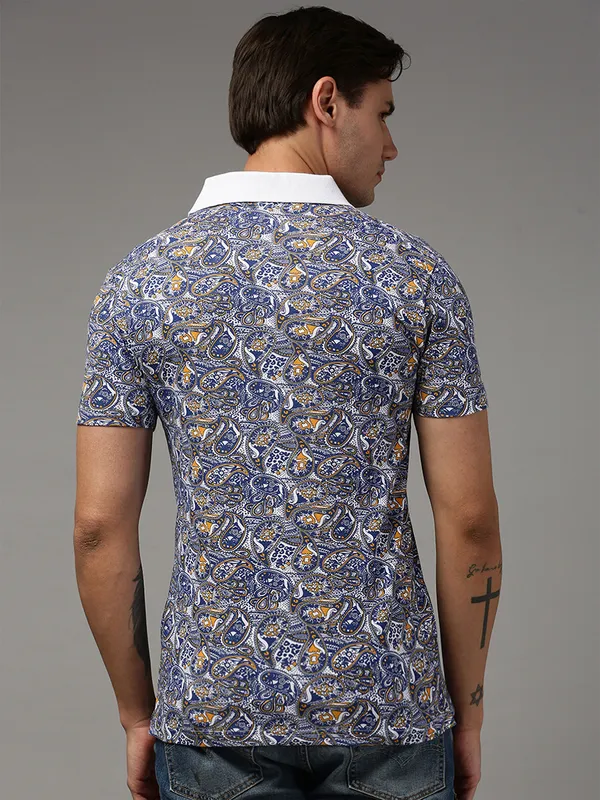 White_Polo_Neck_Printed_Pure_Cotton_Tshirt_For_Men