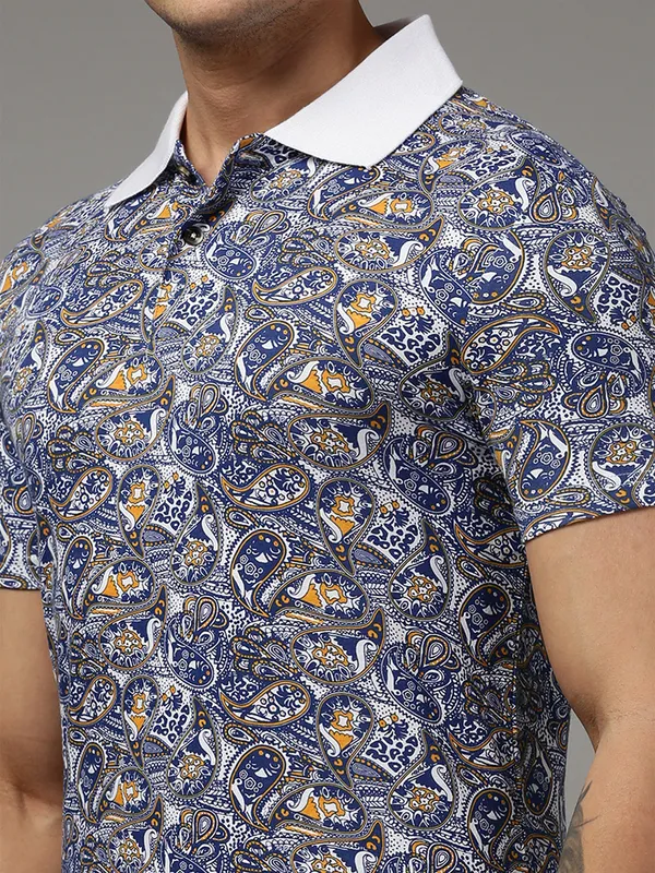 White_Polo_Neck_Printed_Pure_Cotton_Tshirt_For_Men