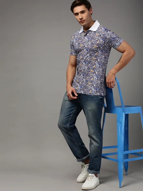 White_Polo_Neck_Printed_Pure_Cotton_Tshirt_For_Men