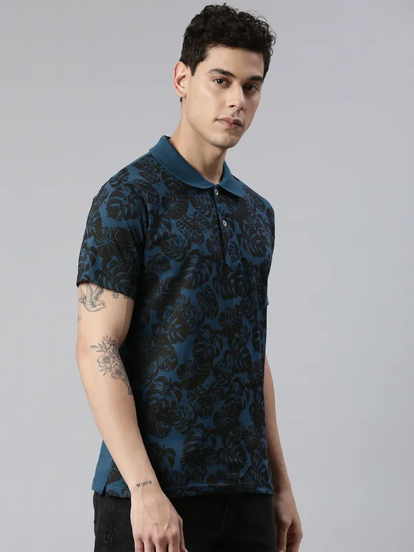 Blue_Printed_Pure_Cotton_Half_Sleeve_Casual_Tshirt_For_Men