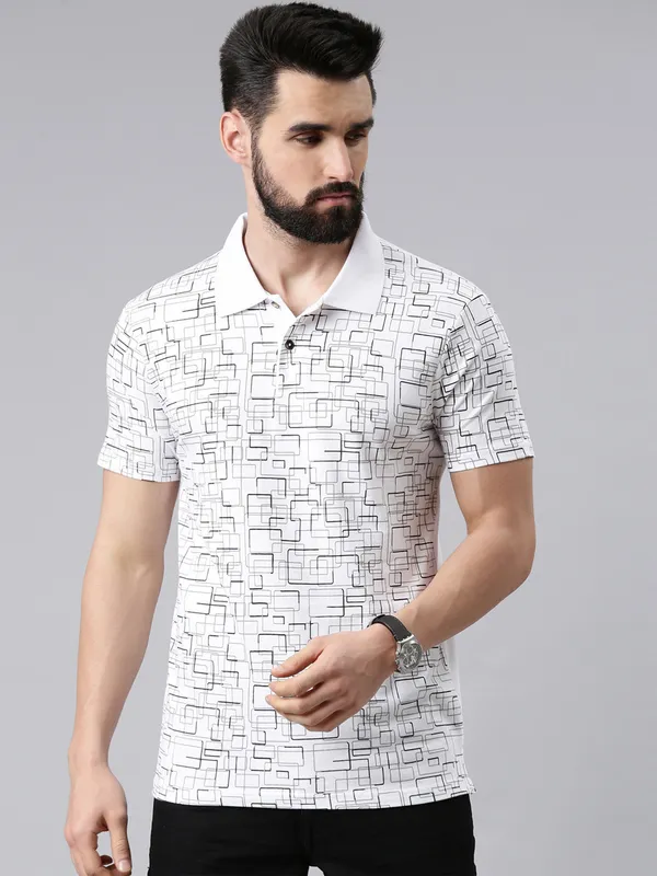 White_Polo_Neck_Printed_Pure_Cotton_Tshirt_For_Men