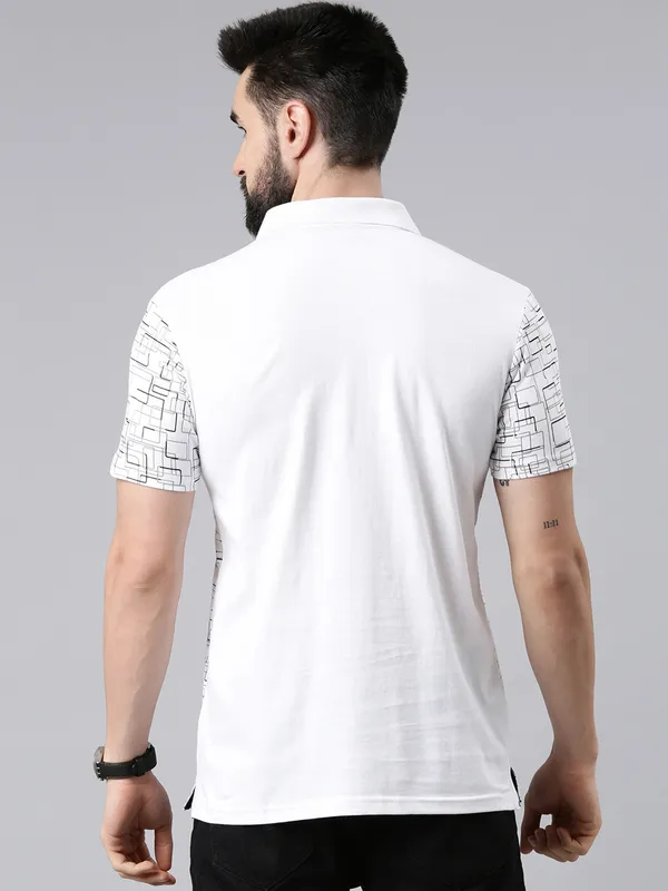 White_Polo_Neck_Printed_Pure_Cotton_Tshirt_For_Men