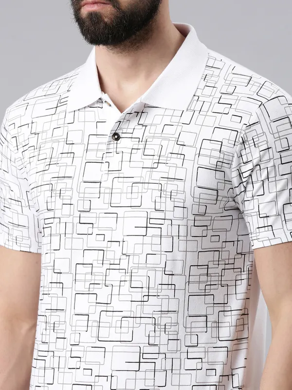 White_Polo_Neck_Printed_Pure_Cotton_Tshirt_For_Men