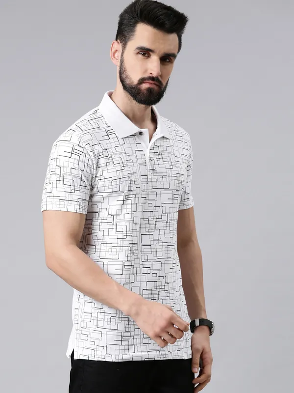 White_Polo_Neck_Printed_Pure_Cotton_Tshirt_For_Men