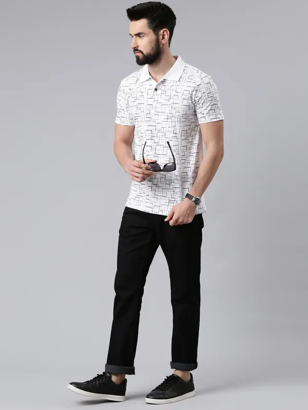 White_Polo_Neck_Printed_Pure_Cotton_Tshirt_For_Men