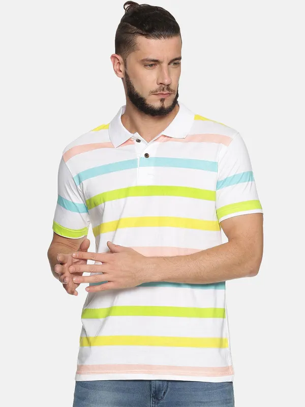 White_Polo_Neck_Printed_Pure_Cotton_Tshirt_For_Men