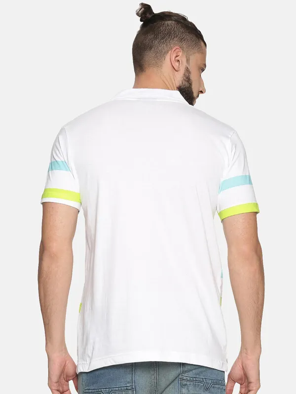 White_Polo_Neck_Printed_Pure_Cotton_Tshirt_For_Men