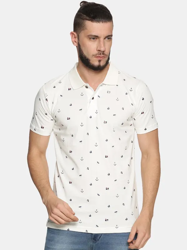 White_Polo_Neck_Printed_Pure_Cotton_Tshirt_For_Men