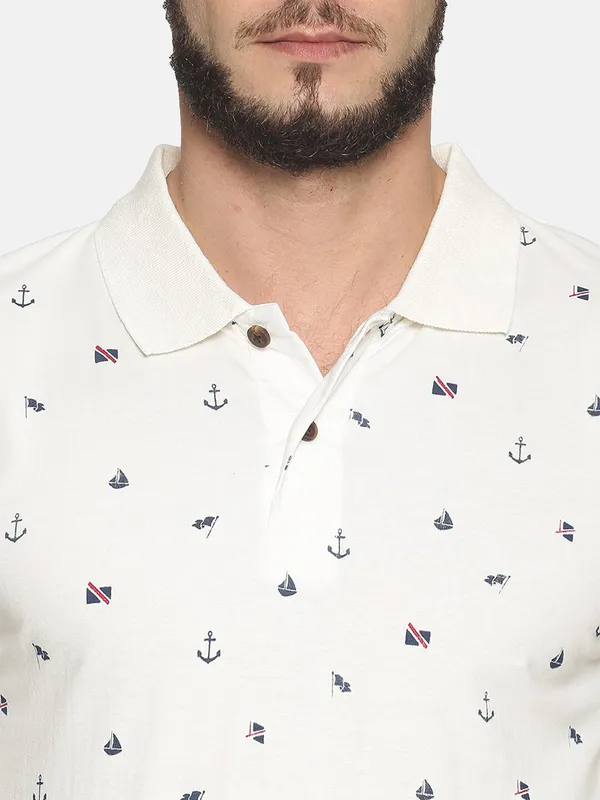 White_Polo_Neck_Printed_Pure_Cotton_Tshirt_For_Men
