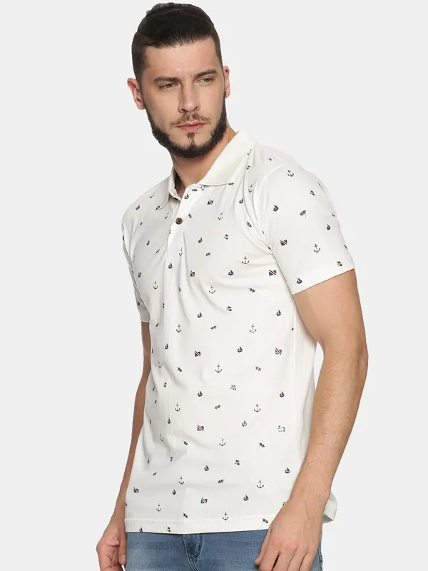 White_Polo_Neck_Printed_Pure_Cotton_Tshirt_For_Men