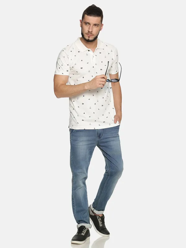 White_Polo_Neck_Printed_Pure_Cotton_Tshirt_For_Men