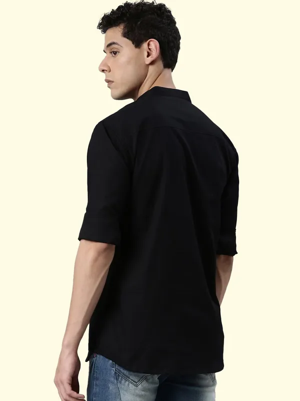 Black_Regular_Pure_Cotton_Solid_Casual_Straight_Short_Kurta_For_Men