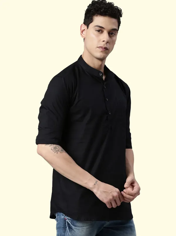 Black_Regular_Pure_Cotton_Solid_Casual_Straight_Short_Kurta_For_Men