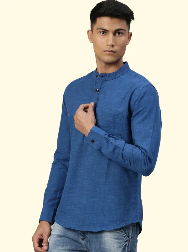 Blue_Regular_Pure_Cotton_Solid_Casual_Straight_Short_Kurta_For_Men