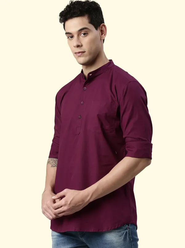 Brown_Regular_Pure_Cotton_Solid_Casual_Straight_Short_Kurta_For_Men