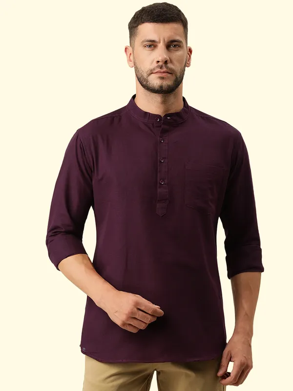 Brown_Regular_Pure_Cotton_Solid_Casual_Straight_Short_Kurta_For_Men